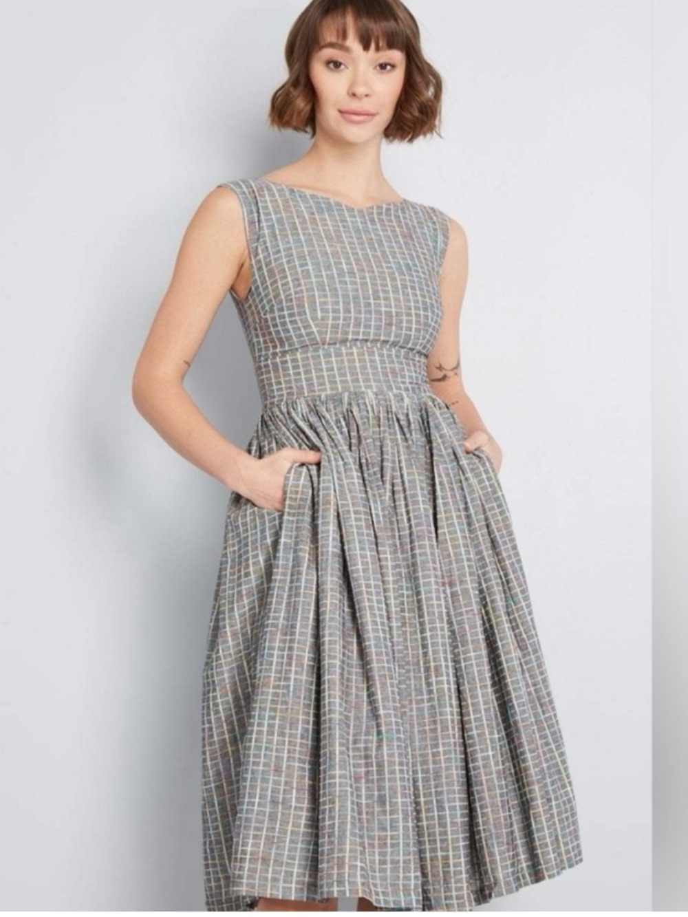 Modcloth Striped Sleeveless Midi Dress in Charcoal and White